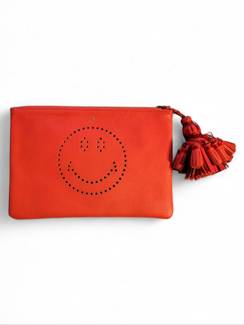 Anya Hindmarch Orange Leather Neon Smiley Face Wristlet, Gold Toned Logo NWOT